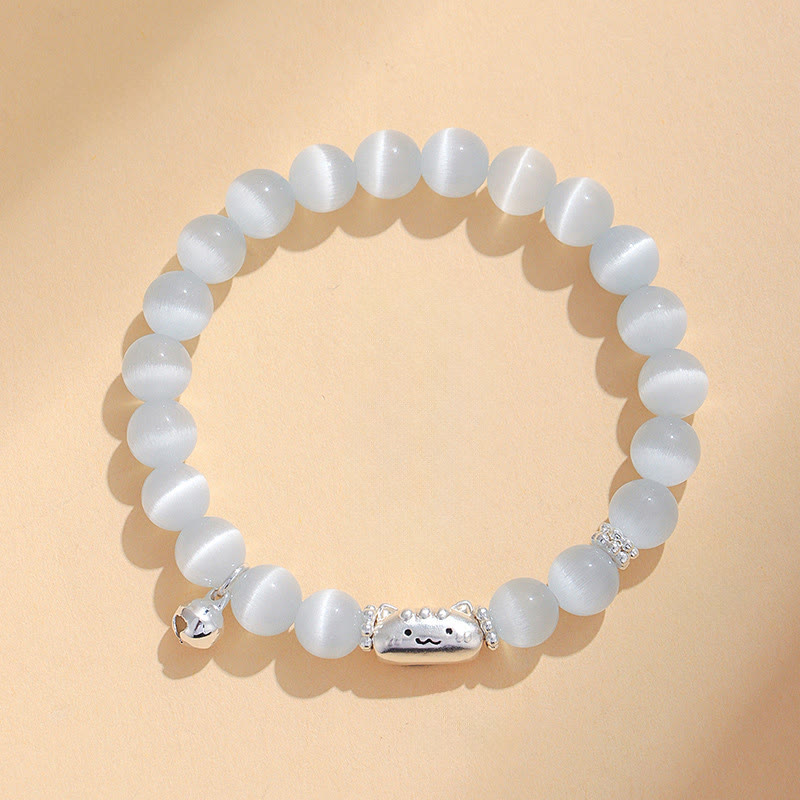 Bracelet positif en argent Buddha Stones 999 avec tête de chat naturelle et œil de chat blanc en agate blanche - image 1