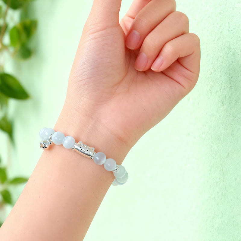 Bracelet positif en argent Buddha Stones 999 avec tête de chat naturelle et œil de chat blanc en agate blanche - image 6