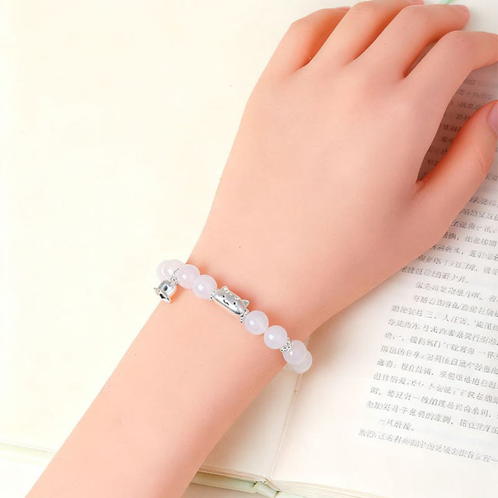 Bracelet positif en argent Buddha Stones 999 avec tête de chat naturelle et œil de chat blanc en agate blanche - image 13