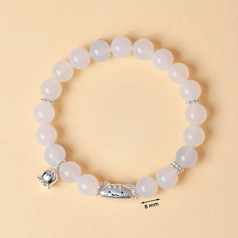 Bracelet positif en argent Buddha Stones 999 avec tête de chat naturelle et œil de chat blanc en agate blanche - image 12