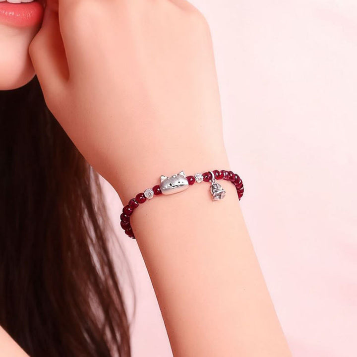 Bracelet de perles de protection en argent sterling 999 avec grenat naturel et tête de chat mignon - image 7