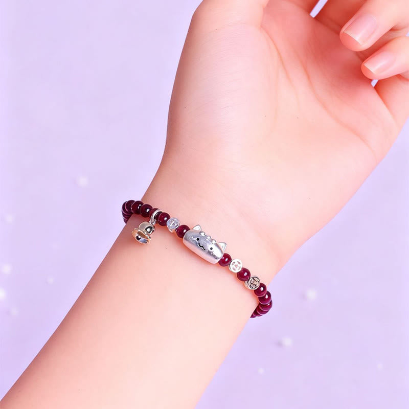 Bracelet de perles de protection en argent sterling 999 avec grenat naturel et tête de chat mignon - image 5
