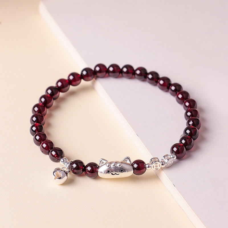 Bracelet de perles de protection en argent sterling 999 avec grenat naturel et tête de chat mignon - image 16