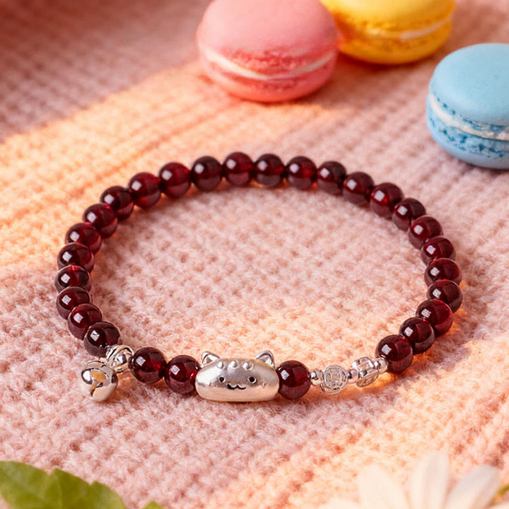 Bracelet de perles de protection en argent sterling 999 avec grenat naturel et tête de chat mignon - image 17