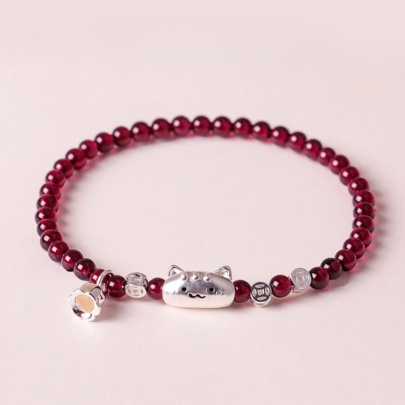 Bracelet de perles de protection en argent sterling 999 avec grenat naturel et tête de chat mignon - image 1