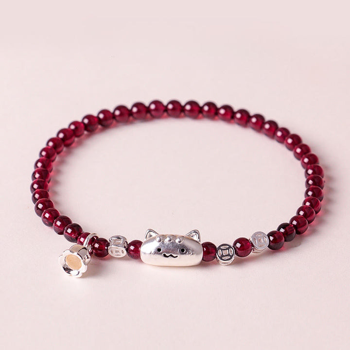 Bracelet de perles de protection en argent sterling 999 avec grenat naturel et tête de chat mignon - image 1