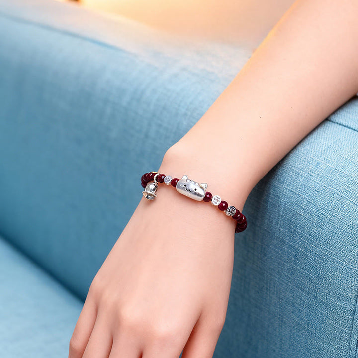 Bracelet de perles de protection en argent sterling 999 avec grenat naturel et tête de chat mignon - image 8