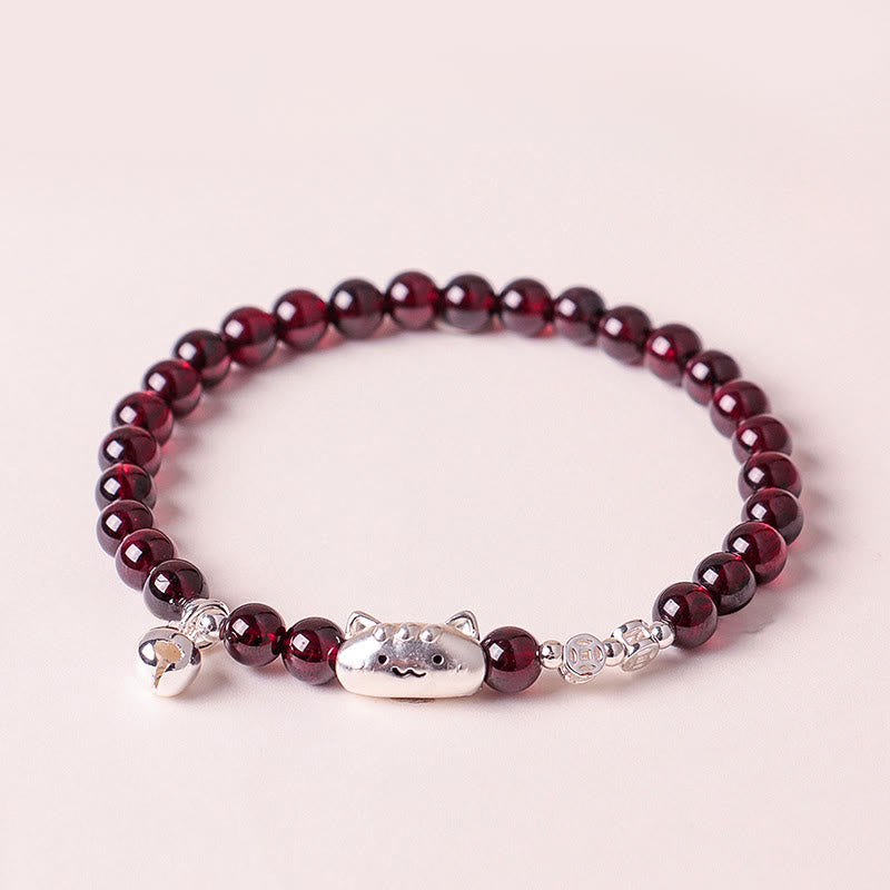 Bracelet de perles de protection en argent sterling 999 avec grenat naturel et tête de chat mignon - Grenat 6 mm (Tour de poignet : 13-15 cm) - image 13