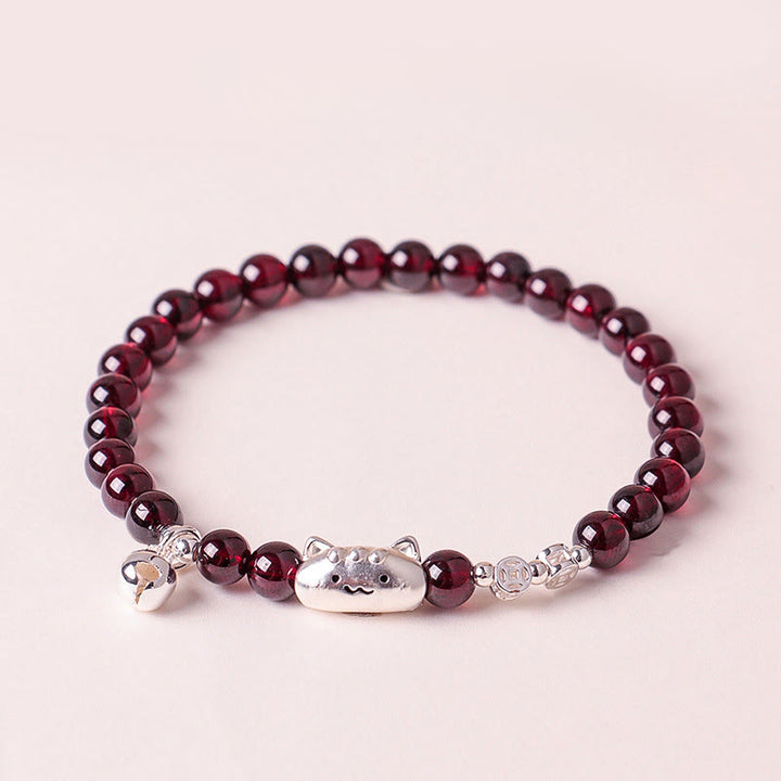 Bracelet de perles de protection en argent sterling 999 avec grenat naturel et tête de chat mignon - Grenat 6 mm (Tour de poignet : 13-15 cm) - image 13