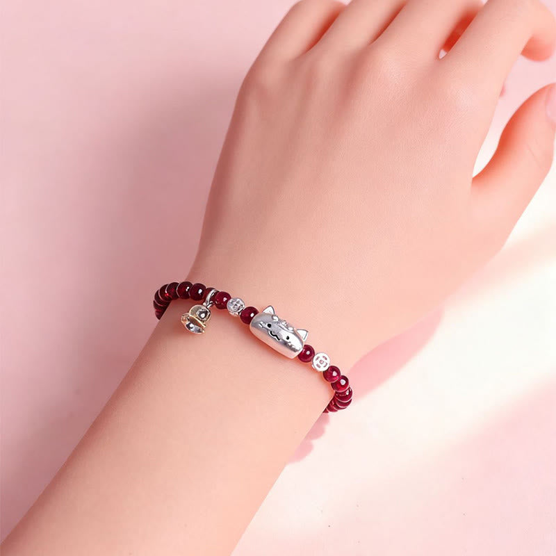 Bracelet de perles de protection en argent sterling 999 avec grenat naturel et tête de chat mignon - image 6