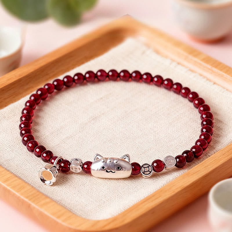 Bracelet de perles de protection en argent sterling 999 avec grenat naturel et tête de chat mignon - Grenat 4 mm (Tour de poignet : 13-15 cm) - image 0
