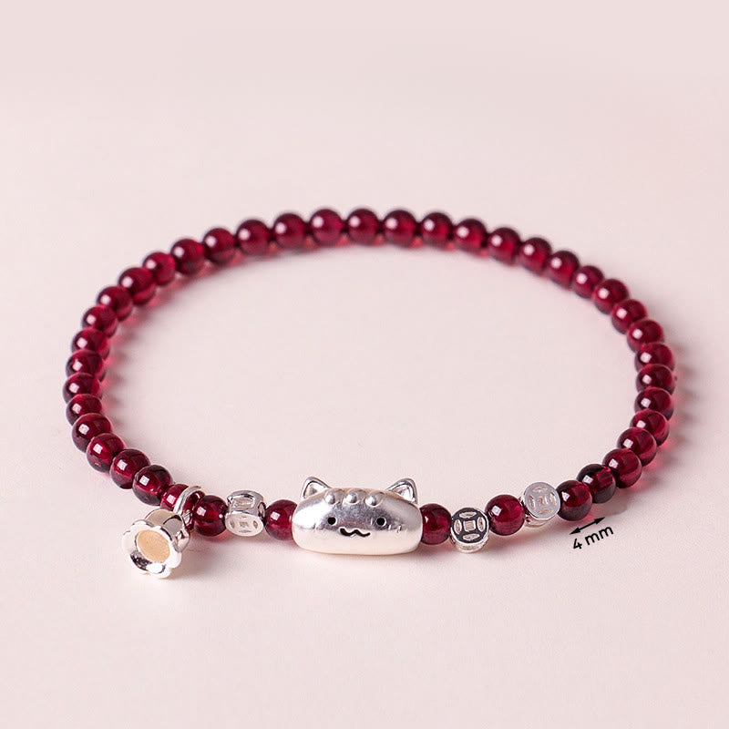 Bracelet de perles de protection en argent sterling 999 avec grenat naturel et tête de chat mignon - image 3