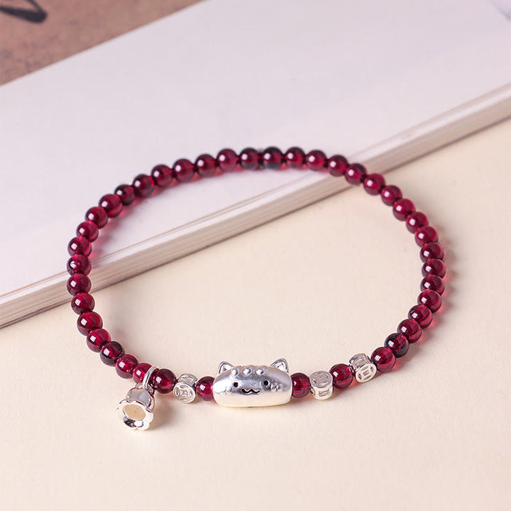 Bracelet de perles de protection en argent sterling 999 avec grenat naturel et tête de chat mignon - image 2