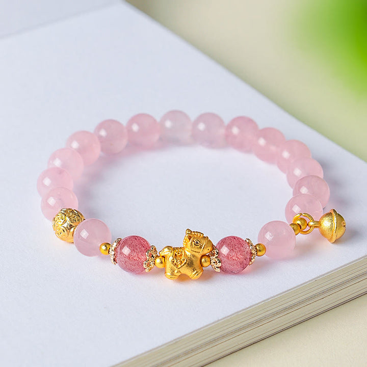 Bracelet de protection Buddha Stones Année du Cheval en cristal rose citrine 8 mm et quartz fraise - image 8