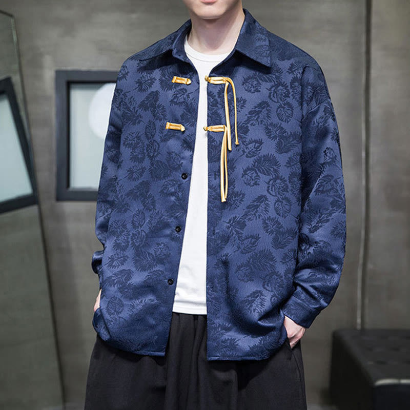 Veste de costume Tang à manches longues pour homme, motif feuilles et boutons de grenouille , Buddha Stones - Bleu foncé - États-Unis/Royaume-Uni/AU50, EU60 (5XL) - image 9
