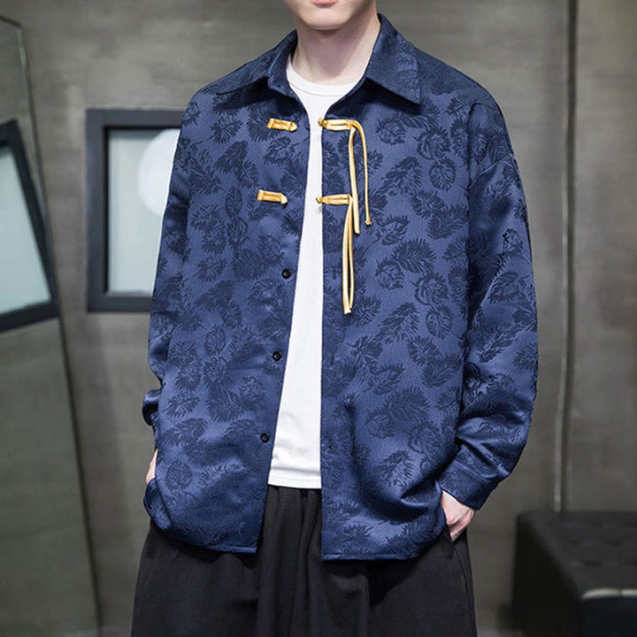 Veste de costume Tang à manches longues pour homme, motif feuilles et boutons de grenouille , Buddha Stones - Bleu foncé - États-Unis/Royaume-Uni/AU50, EU60 (5XL) - image 9