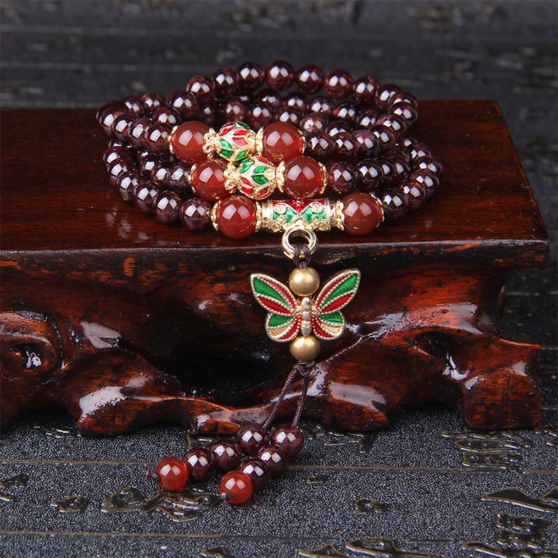 Bracelet multicouches en Buddha Stones, grenat naturel, agate rouge, papillon coloré, purification, calme - image 1