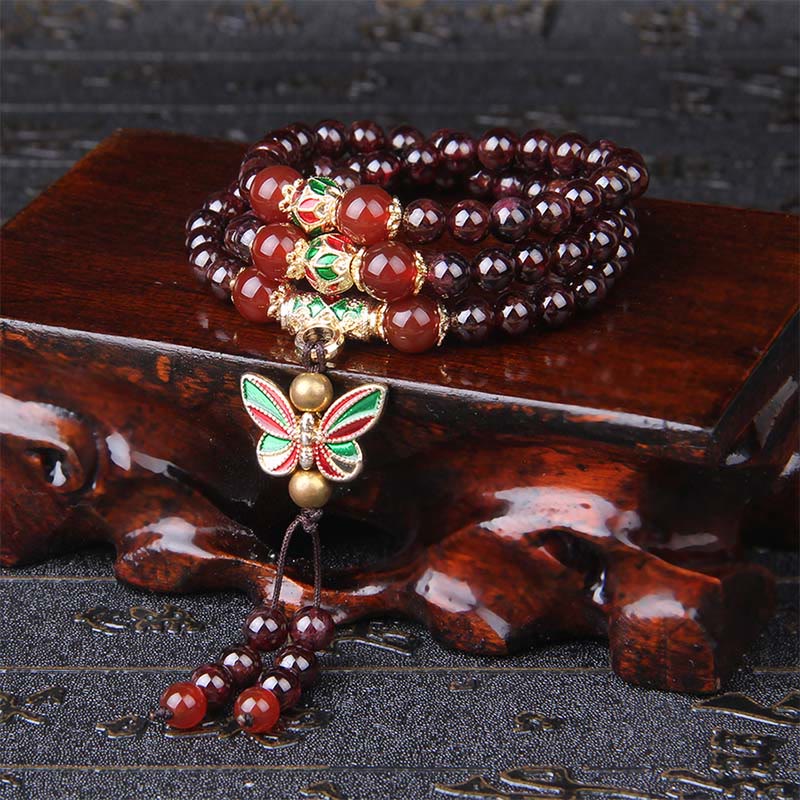 Bracelet multicouches en Buddha Stones, grenat naturel, agate rouge, papillon coloré, purification, calme - Grenat et agate rouge (tour de poignet : 14-18 cm) - image 0