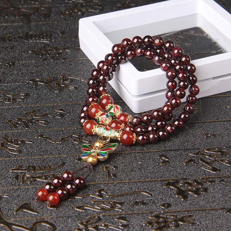 Bracelet multicouches en Buddha Stones, grenat naturel, agate rouge, papillon coloré, purification, calme - image 3