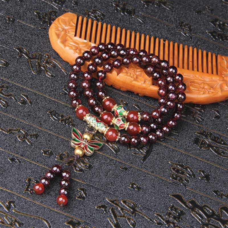 Bracelet multicouches en Buddha Stones, grenat naturel, agate rouge, papillon coloré, purification, calme - image 8