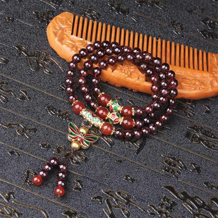 Bracelet multicouches en Buddha Stones, grenat naturel, agate rouge, papillon coloré, purification, calme - image 8