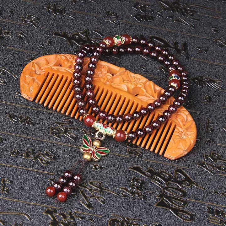 Bracelet multicouches en Buddha Stones, grenat naturel, agate rouge, papillon coloré, purification, calme - image 2