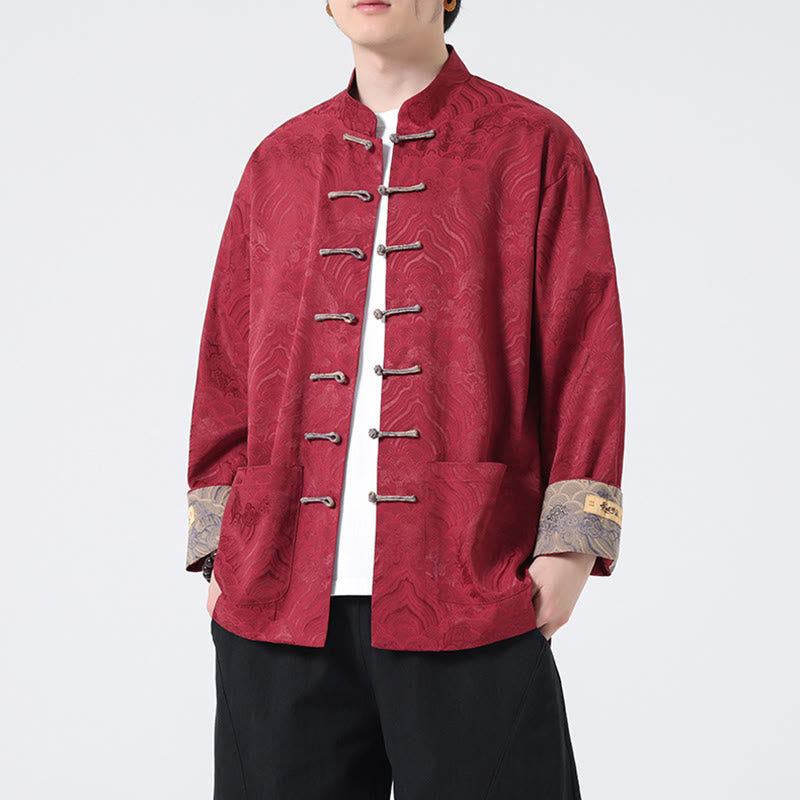 Veste en coton à manches longues pour homme avec poches et motif vague de montagne et boutons de grenouille Buddha Stones - Cramoisi - US/UK/AU46，EU56 (5XL) - image 0