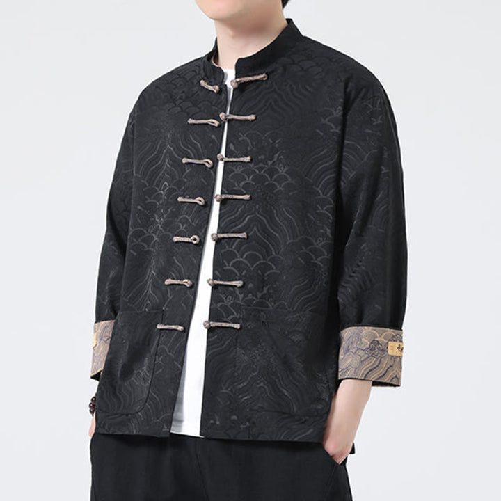 Veste en coton à manches longues pour homme avec poches et motif vague de montagne et boutons de grenouille Buddha Stones - image 16