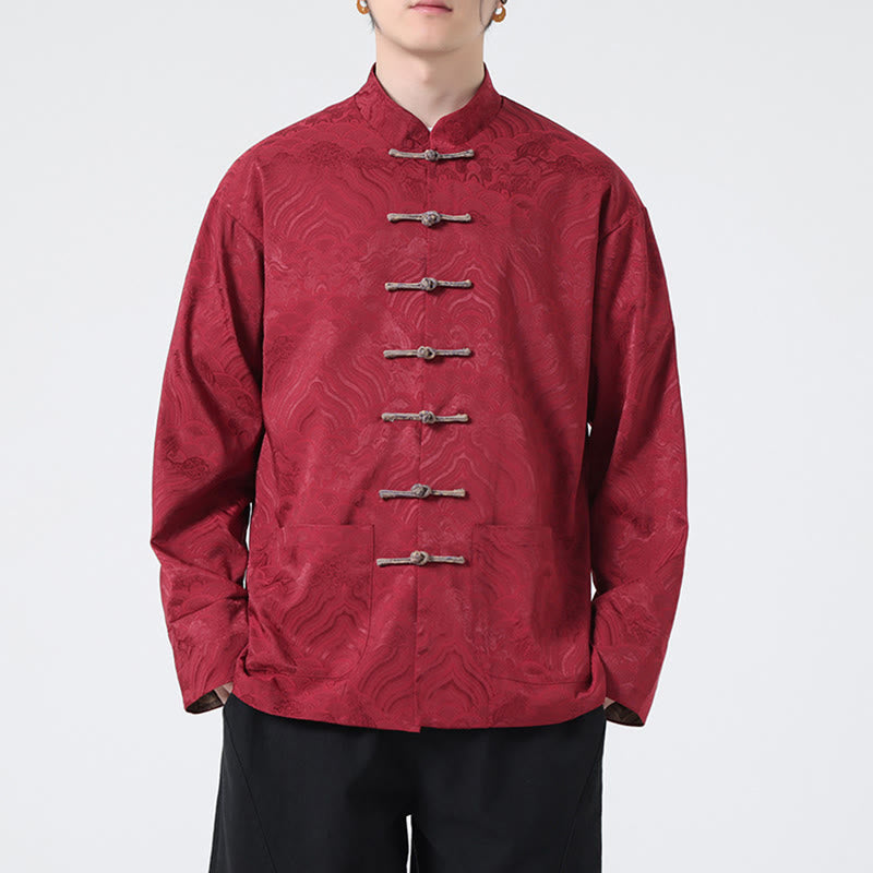 Veste en coton à manches longues pour homme avec poches et motif vague de montagne et boutons de grenouille Buddha Stones - image 1