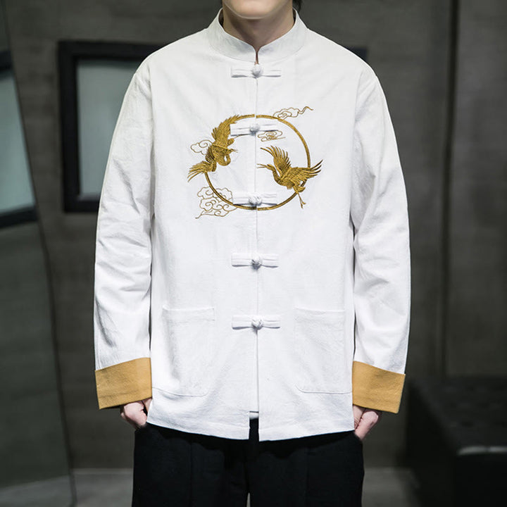 Veste en coton à manches longues et poches pour homme, motif grues et Buddha Stones brodées, boutons grenouille - Blanc - US/UK/AU46，EU56 (5XL) - image 7