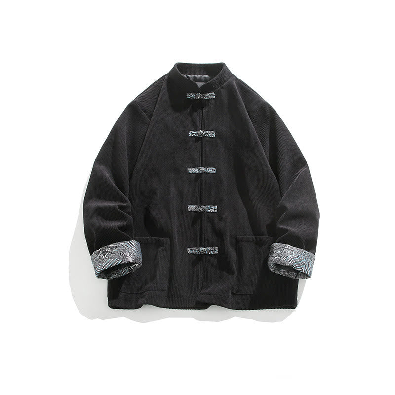 Veste à manches longues en velours côtelé de coton pour homme avec poches et boutons grenouille en jacquard Buddha Stones Spring - Noir - US/UK/AU46，EU56 (5XL) - image 10