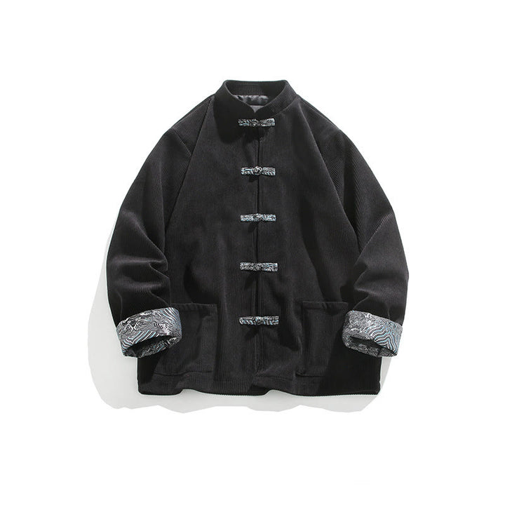 Veste à manches longues en velours côtelé de coton pour homme avec poches et boutons grenouille en jacquard Buddha Stones Spring - Noir - US/UK/AU46，EU56 (5XL) - image 10