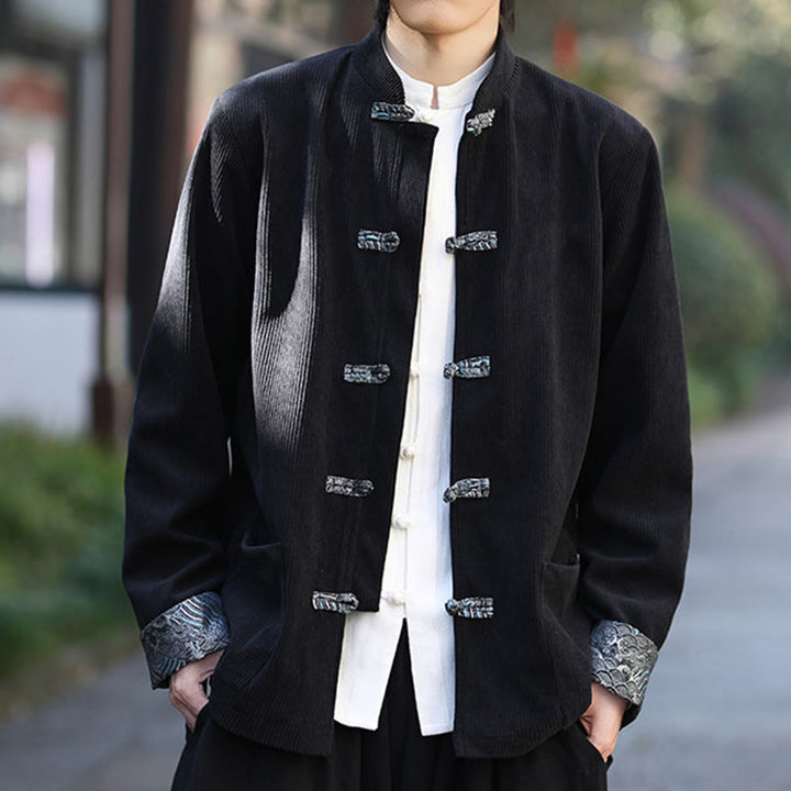 Veste à manches longues en velours côtelé de coton pour homme avec poches et boutons grenouille en jacquard Buddha Stones Spring - image 14