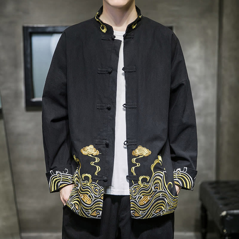Veste de costume Tang en coton à manches longues pour homme, avec boutons grenouille et broderies de Buddha Stones et nuages - image 11