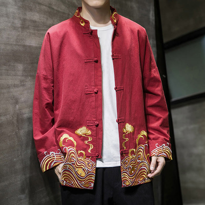 Veste de costume homme en coton Tang à manches longues, brodée de Buddha Stones et de nuages, avec boutons grenouille. - image 8