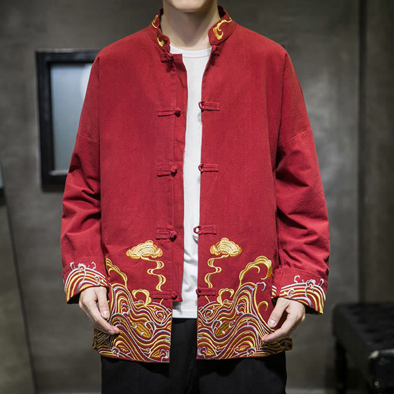 Veste de costume Tang en coton à manches longues pour homme, avec boutons grenouille et broderies de Buddha Stones et nuages - image 3