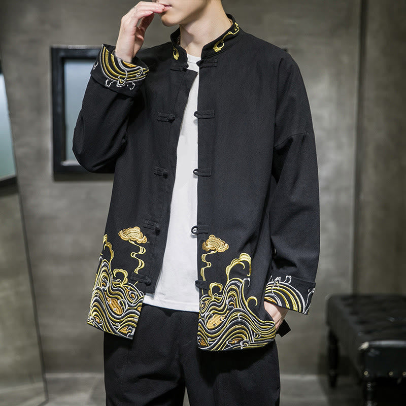 Veste de costume homme en coton Tang à manches longues, brodée de Buddha Stones et de nuages, avec boutons grenouille. - image 10