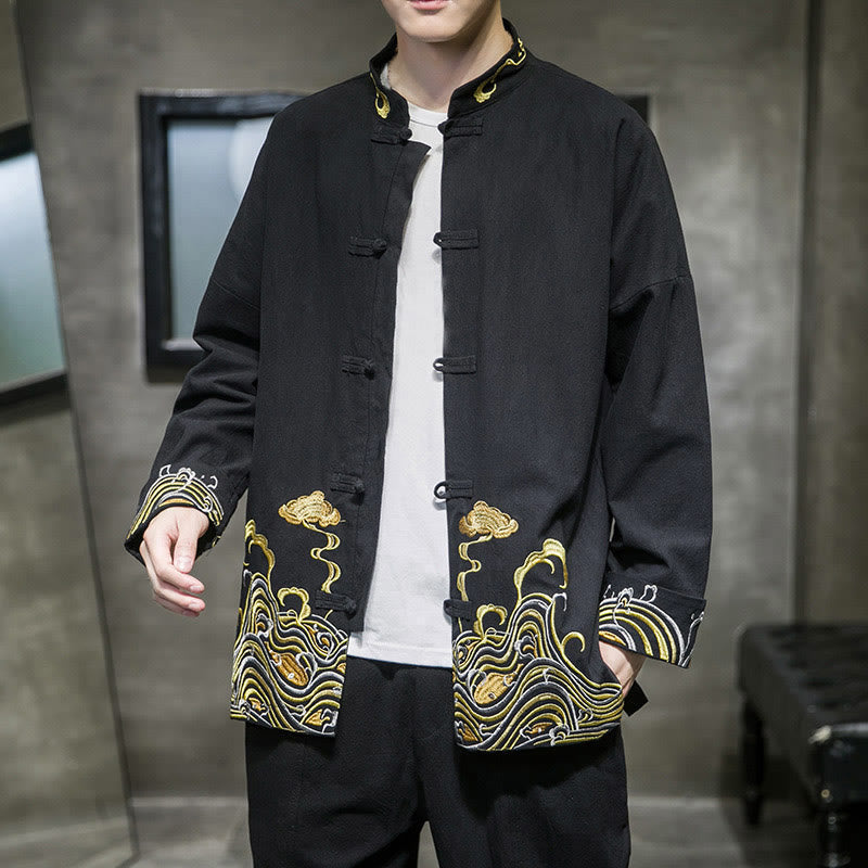 Veste de costume homme en coton Tang à manches longues, brodée de Buddha Stones et de nuages, avec boutons grenouille. - Noir - US/UK/AU46，EU56 (5XL) - image 9