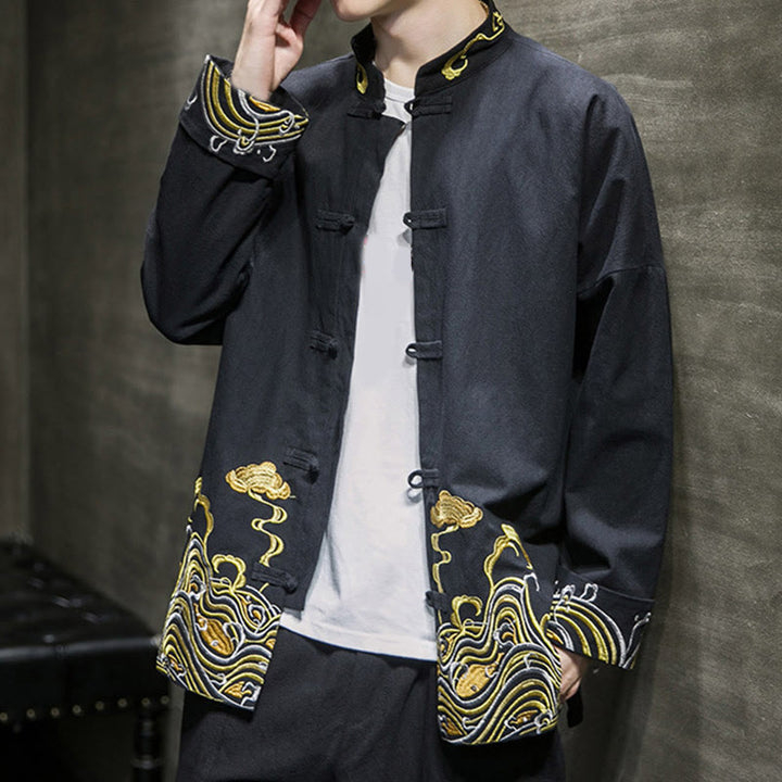 Veste de costume homme en coton Tang à manches longues, brodée de Buddha Stones et de nuages, avec boutons grenouille. - image 14