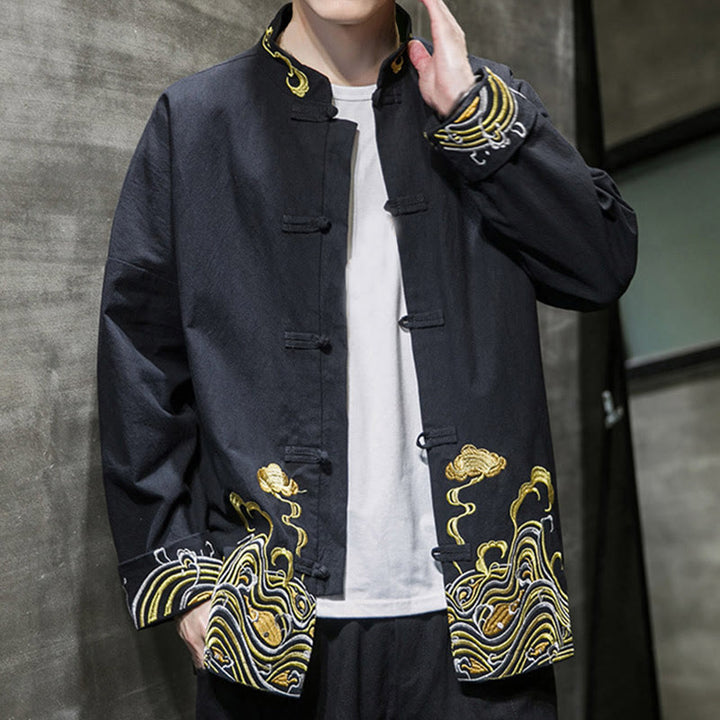 Veste de costume homme en coton Tang à manches longues, brodée de Buddha Stones et de nuages, avec boutons grenouille. - image 16