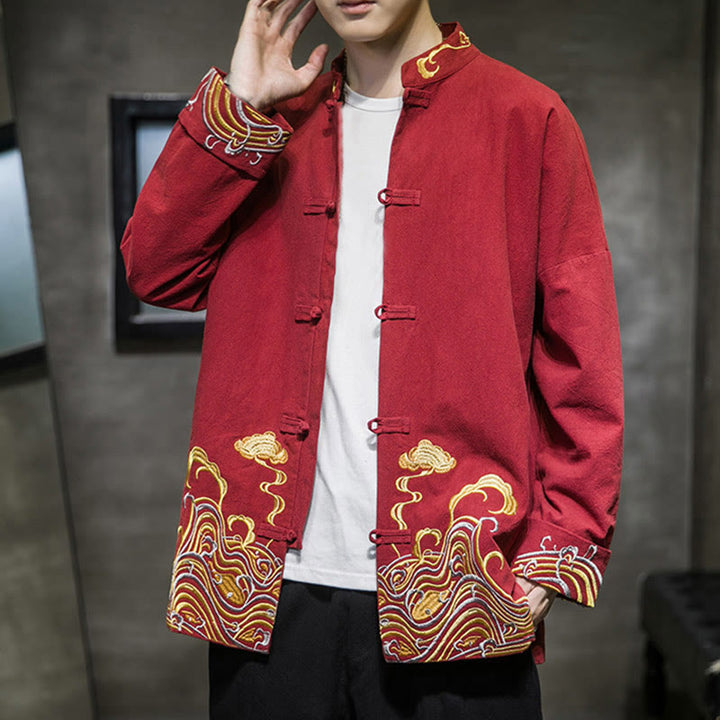 Veste de costume Tang en coton à manches longues pour homme, avec boutons grenouille et broderies de Buddha Stones et nuages - image 5