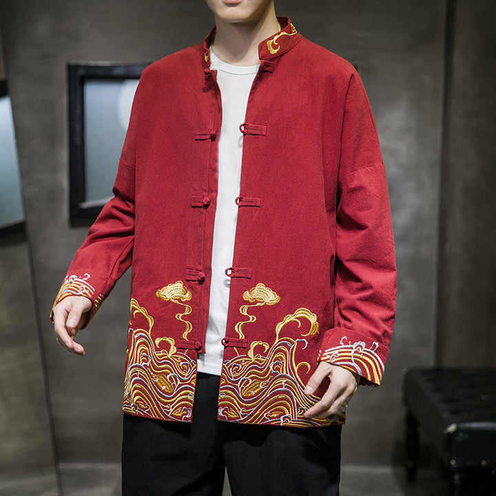 Veste de costume Tang en coton à manches longues pour homme, avec boutons grenouille et broderies de Buddha Stones et nuages - image 4