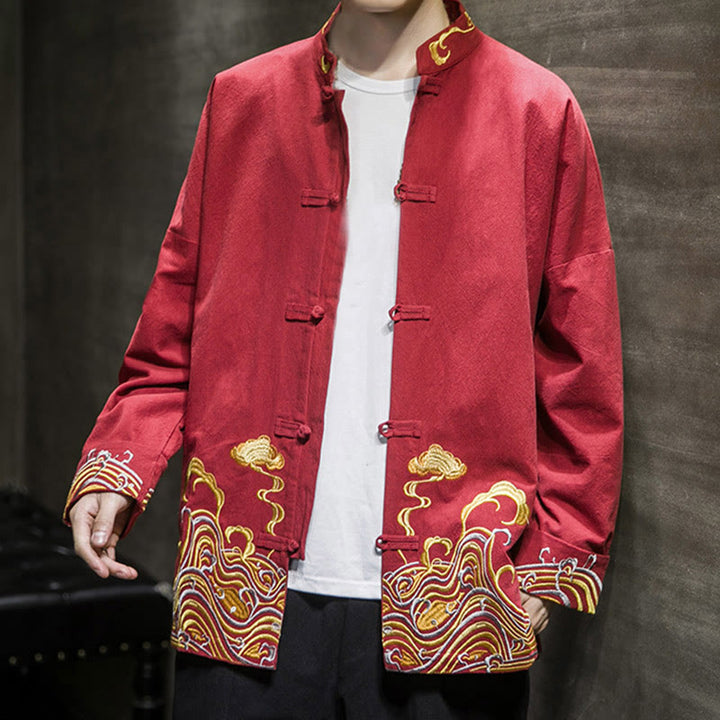 Veste de costume homme en coton Tang à manches longues, brodée de Buddha Stones et de nuages, avec boutons grenouille. - image 7
