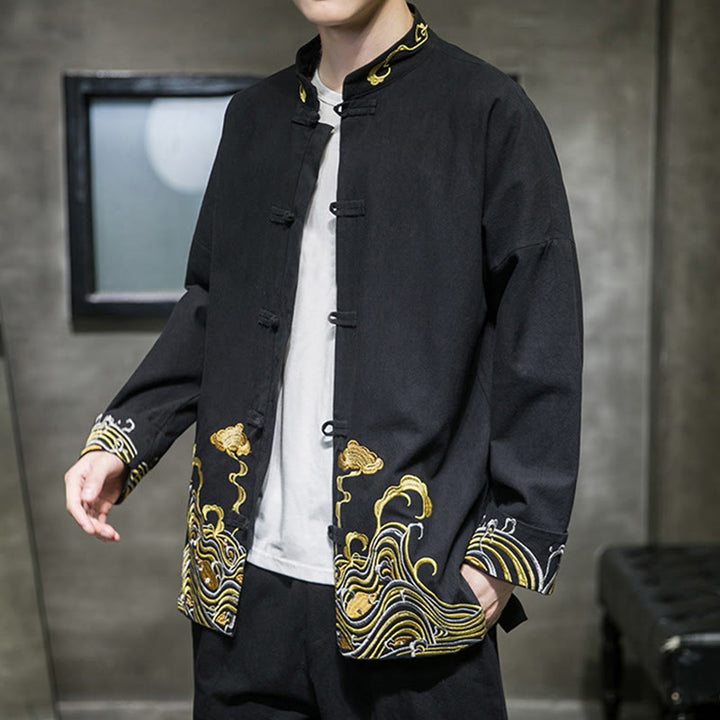 Veste de costume homme en coton Tang à manches longues, brodée de Buddha Stones et de nuages, avec boutons grenouille. - image 12