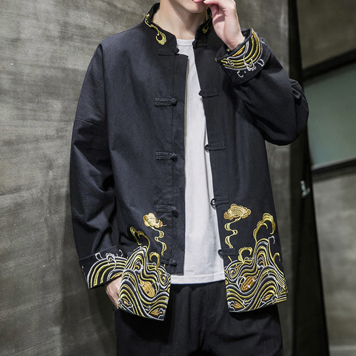 Veste de costume Tang en coton à manches longues pour homme, avec boutons grenouille et broderies de Buddha Stones et nuages - image 17