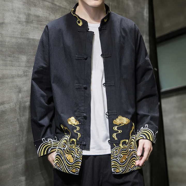 Veste de costume homme en coton Tang à manches longues, brodée de Buddha Stones et de nuages, avec boutons grenouille. - image 15