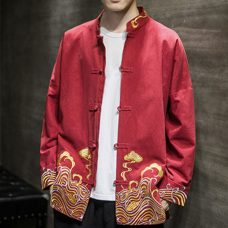 Veste de costume Tang en coton à manches longues pour homme, avec boutons grenouille et broderies de Buddha Stones et nuages - image 6