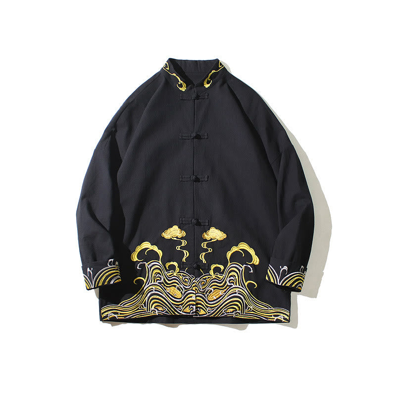 Veste de costume Tang en coton à manches longues pour homme, avec boutons grenouille et broderies de Buddha Stones et nuages - image 19