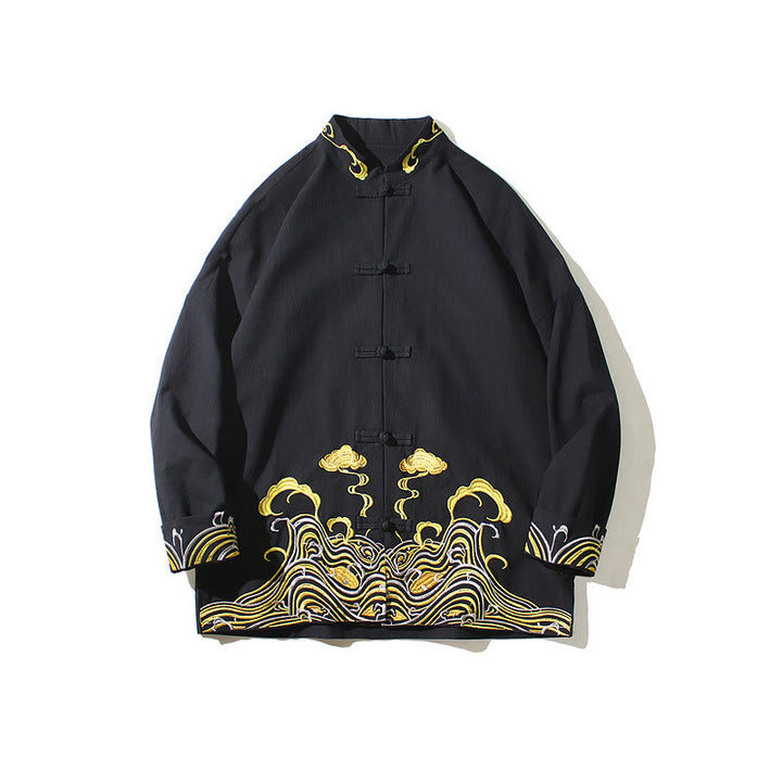 Veste de costume Tang en coton à manches longues pour homme, avec boutons grenouille et broderies de Buddha Stones et nuages - image 19