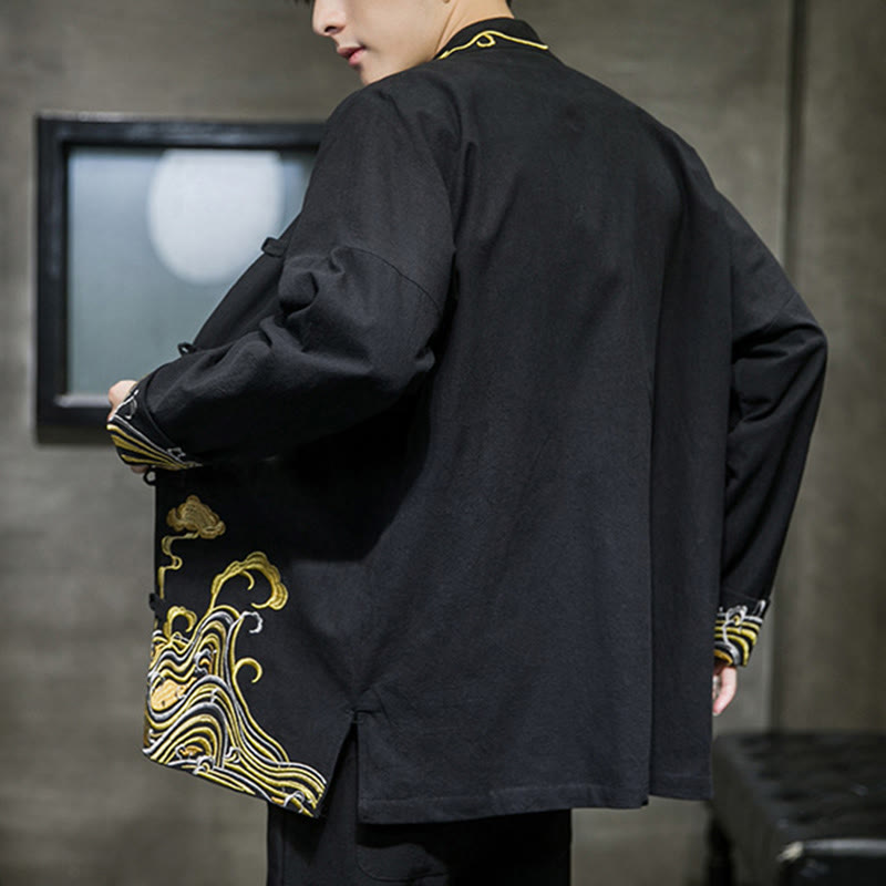 Veste de costume Tang en coton à manches longues pour homme, avec boutons grenouille et broderies de Buddha Stones et nuages - image 13